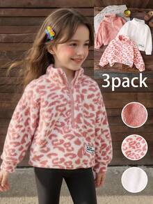 SHEIN Set de 3 sudaderas cortas con cuello alto y media cremallera, de estilo casual, con estampado de leopardo rosa y forro polar reversible, para niñas jóvenes, cálidas para otoño e invierno - Multicolor - Ver 3