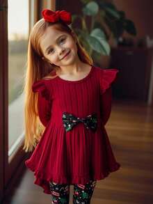 SHEIN 2 件套年轻女孩纯色针织圆领拼布圣诞图案蝴蝶结装饰上衣和圣诞树、圣诞老人、雪花、鹿印花裤，适合秋冬季圣诞派对、宴会、生日 - 紅色 - 查看 5