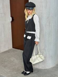 2 件套青少年女孩休闲 2 合 1 衬衫和直筒裤套装，秋季 - 黑色 - 查看 1