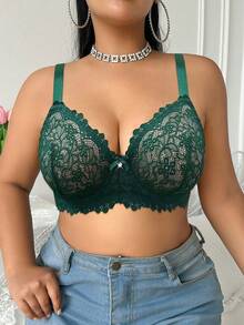 DesireSculpt 1 szt. koronkowy biustonosz na fiszbinach w dużym rozmiarze, na Boże Narodzenie - Zielony - Zobacz 6