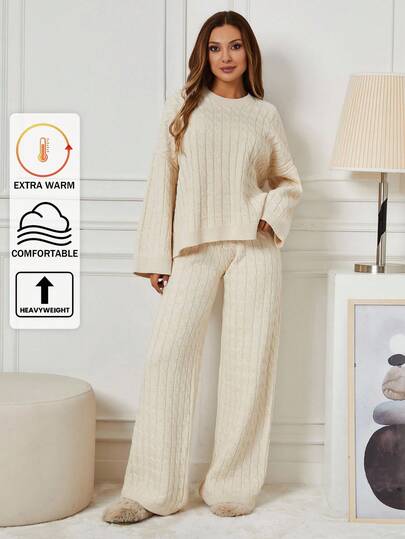 EURMUSE Petite Petite Size Women's Casual Solid Color Cable Knit Drop Shoulder Sweater And Pants Two Pieces Set Lounge White Autumn