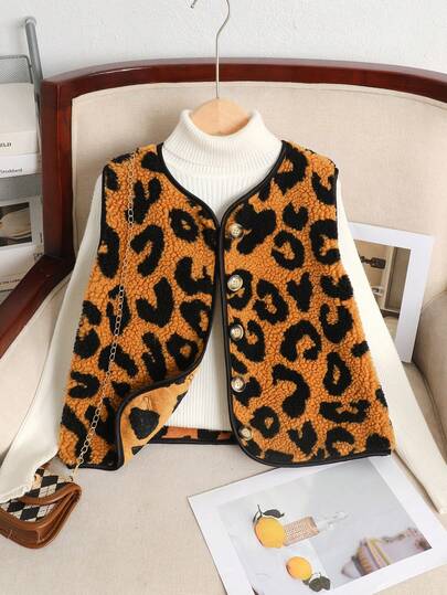 SHEIN Tween Girl Loose Casual Minimalist Comfortable Leopard Print Fluffy Jacket Autumn Winter Clothes For Girl