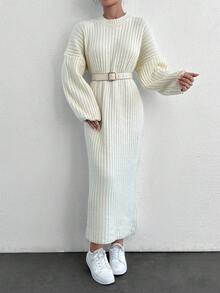 EURMUSE Robe pull ample à col rond et épaules dégagées unicolore pour femme, convient pour l'automne/hiver - Blanc - Voir 6
