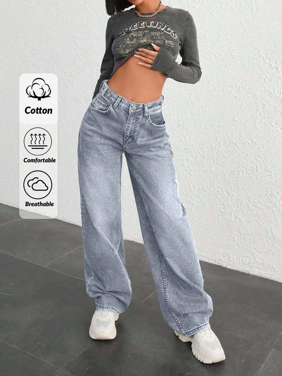 EURMUSE 100% COTTON HIGH WAIST BUTTON DETAILED WIDE LEG JEAN - Baby Blue - View 1