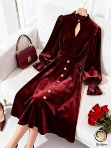 GlowEve Đầm dài tay màu đỏ công sở dáng chữ A cạp nhung thanh lịch, thời trang đi làm hàng ngày, phong cách Pháp, cổ điển, dự tiệc Giáng sinh, năm mới, ngày lễ, thu đông - Màu Đỏ Sâu - Xem 1