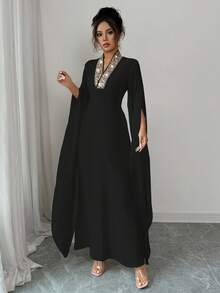 Rafferiza Đầm Maxi dài tay xẻ tà cổ chữ V thêu họa tiết trơn màu thanh lịch, trang nhã dành cho nữ, thích hợp mặc dự tiệc, mặc hàng ngày, đơn giản - màu đen - Xem 6