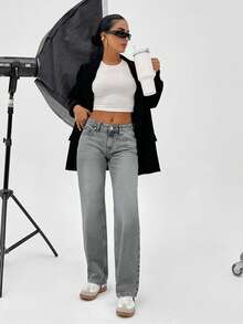 SHEIN Tall QUẦN JEAN CAO CẤP 100% COTTON CỰC THẤP VINTAGE WASH KIỂU Y2K - Màu Xám nhạt - Xem 5