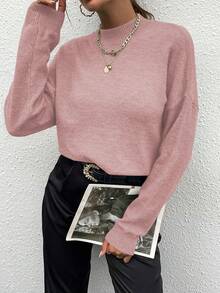 SHEIN LUNE Sweater Pullover Lengan Panjang Kasual Kerah Bulat Warna Polos - Berwarna merah muda - View 5