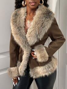 SHEIN BamGlam 女式仿皮草拼布长袖外套，秋冬时尚 - 棕色 - 查看 3