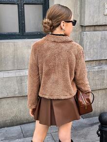 青少年女孩休闲时尚街头风格翻盖口袋羊毛夹克，秋冬 - 卡其色 - 查看 2