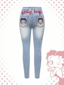 Betty Boop | ROMWE Quần jean bó thêu chữ cổ điển cạp siêu thấp gợi cảm cho nữ - Nhiều màu - Xem 1