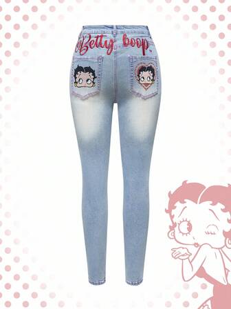 Betty Boop | ROMWE Damen Super Tief Sitzende Sexy Vintage Verwaschen Buchstaben Stickerei Skinny Jeans