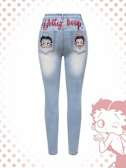 Betty Boop | ROMWE Women Super Low Waist Sexy Vintage Washed Letter Embroidery Skinny Jeans