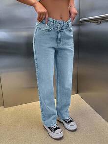 CasuGlow 100% Cotton HIGH RISE ASYMMETRIC BELT STRAIGHT CUT JEAN - Baby Blue - View 3