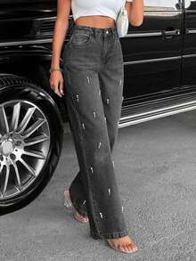 SHEIN Cottnline Women Petite High Waist Pearl Detail Casual Straight Denim Jeans - Light Grey - View 6