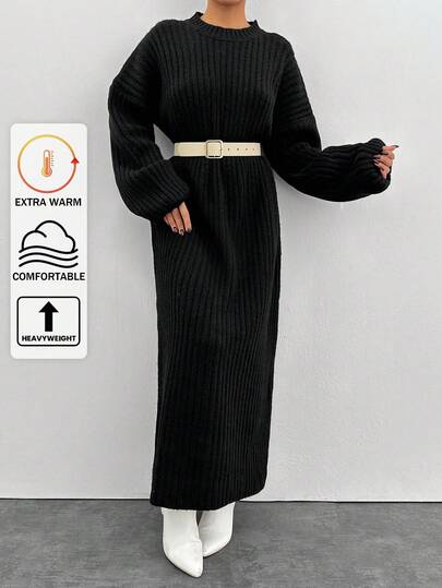 EURMUSE Women Solid Color Round Neck Ribbed Knit Casual Long Sleeve Sweater Dress