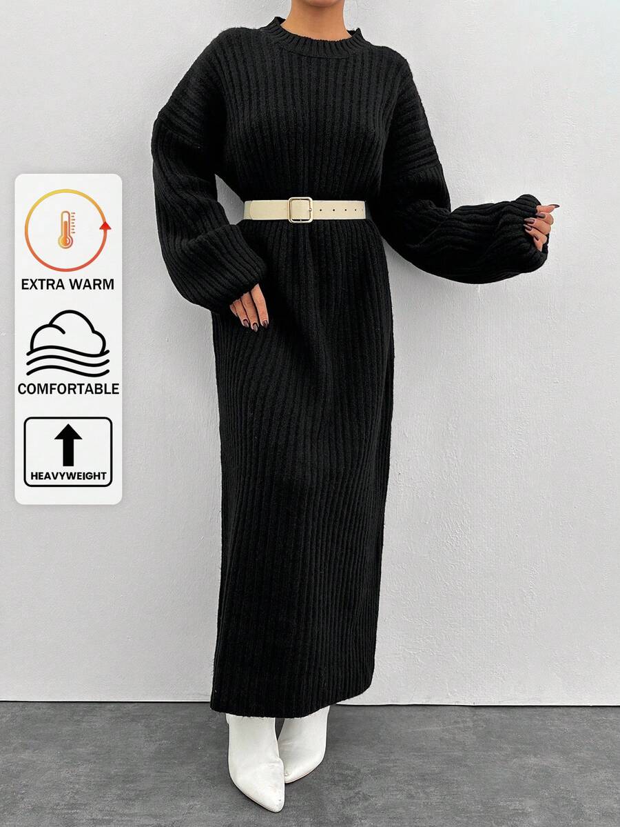 EURMUSE 女士纯色圆领罗纹针织休闲长袖毛衣连衣裙 - 黑色 - 查看 1