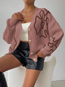SHEIN LUNE Women's Floral Print Front Button V-Neck Long Sleeve Cardigan - Dusty Pink - View 5