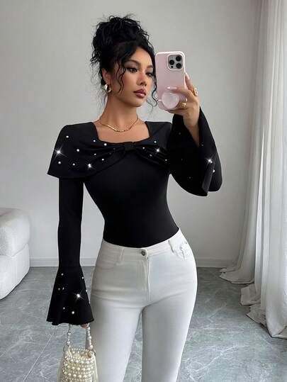 Elenzga 女式 2025 秋季新品扭结领蝴蝶结珍珠装饰优雅淑女喇叭袖针织毛衣，收腰黑色优雅上衣 T 恤，适合 20-35+ 女性日常、办公室、假日穿着