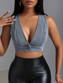 SHEIN SXY 女士牛仔超短無袖背心 - 藍色 - 查看 7