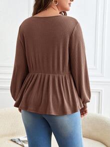 SHEIN Frenchy Plus Size Solid Color Minimalist Long Sleeve T-Shirt, Everyday Wear - Mocha Brown - View 2