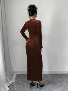 Elenzga Women Elegant Velvet Asymmetric Ruffle Split Hem Dress Burgundy Maxi Women Outfit - Coffee Brown - View 2