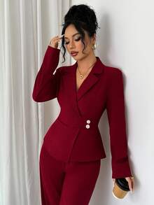 SHEIN Elenzya 女式不对称腰长袖西装外套和阔腿裤套装，优雅的办公室通勤装，秋冬 - 酒紅色 - 查看 3