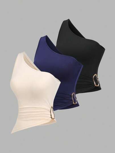 Sweetra Conjunto de blusa asimétrica de un solo hombro con decoración de hebilla metálica para mujer, adecuado para primavera/verano y vacaciones en la playa
