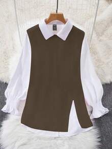 Airaco 2pcs Spring White Lantern Sleeve Blouse & Loose Fit Cardigan Vest Layered Set For Women - Mocha Brown - View 3