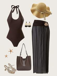 Bonvoyette 2件套纯色女士节日金属配饰露背短款上衣和裙子套装 - 咖啡棕 - 查看 4