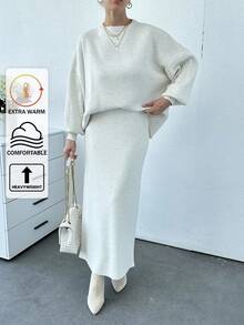 EURMUSE 女士纯色灯笼袖毛衣和毛衣裙套装