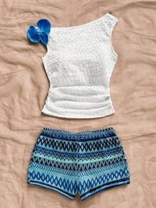 Soleia Plus Size Casual Vacation Western Beach Wedding Guest Attire Graduation Brunch Women's St. Patrick's Day Spring Break Easter Music Festival Elegant Boho Tropical Floral Halter Neck Camisole Top And Colorful Striped Shorts 2-Piece Set