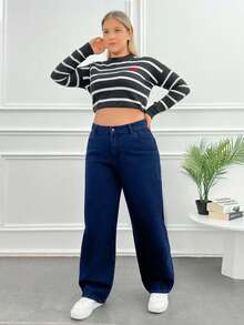 EURMUSE Jeans dritti a vita alta taglia curvy, modello rilassato - Blu lavato scuro - Visualizzare 4