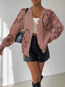 SHEIN LUNE Women's Floral Print Front Button V-Neck Long Sleeve Cardigan - Dusty Pink - View 3
