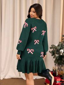 Elaquor Plus Size Women Candy Cane Pattern Ruffle Hem Sweater Dress, Autumn/Winter,Christmas - Green - View 2