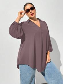 SHEIN Essnce Camisa negra de manga larga con cuello en V, suelta y cómoda, para mujer de talla grande en otoño e invierno, ropa de mujer para otoño, blusas de mujer, tops curvos, dinero viejo, blusas negras, ropa casual de oficina para mujer, atuendos de mujer, tops de mujer, regreso a casa, maestro, tops de trabajo - Marrón Mocha - Ver 5