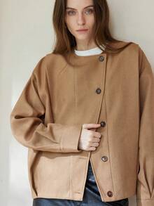 Aveloria Modichic Solid Color Twill European & American Style Versatile Bomber Jacket, Long Sleeve Outerwear - Khaki - View 1