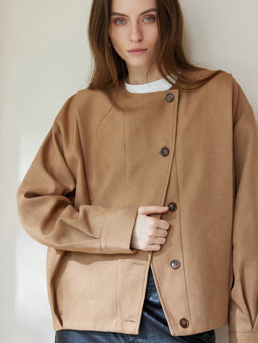 Aveloria Modichic Solid Color Twill European & American Style Versatile Bomber Jacket, Long Sleeve Outerwear - Khaki - View 1