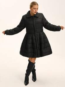 EMERY ROSE Plus Size Women Padded Coat, French Romantic Ruffle Hem A-Line Short Coat, Winter Outerwear - Black - View 1