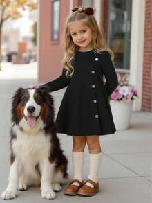 Emery Rose Kids Emery Rose Kids 女童优雅休闲圆领套头开衩中长连衣裙，适合上学、日常休闲穿着，秋冬季长袖连衣裙，带纽扣，黑色连衣裙，女童秋季连衣裙，黑色连衣裙 - 黑色 - 查看 8