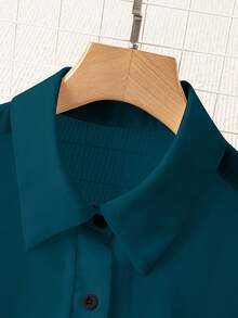 Franclia Áo sơ mi trơn cổ bẻ đơn giản trong suốt - Màu xanh ngọc - Xem 5