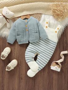 SHEIN Bộ 2 áo len xanh lá cây cho bé sơ sinh: Áo khoác cardigan cổ tròn tay dài có túi + Quần yếm sọc có dây đeo - Màu xanh nhạt - Xem 5