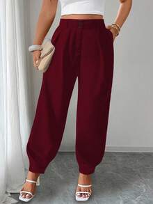 Elenzga Plus Size Solid Color Pleated Waist Belt Loop Casual Loose Fit Pants - Burgundy - View 4