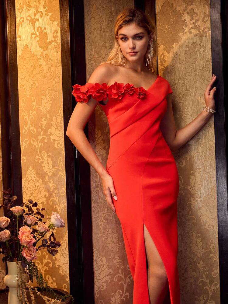 MOTF Soiréza VESTIDO ASIMÉTRICO DE HOMBRO FLORAL ESTÉREO PARA FIESTA Y BAILE DE GRADUACIÓN