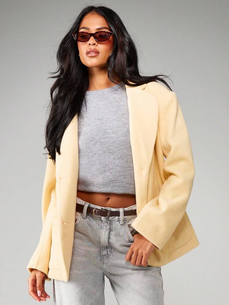 MISSGUIDED Damska luźna, oversize'owa, jednorzędowa marynarka wełniana z kieszeniami, idealna do noszenia na co dzień, do biura, do pracy, na fotografię uliczną