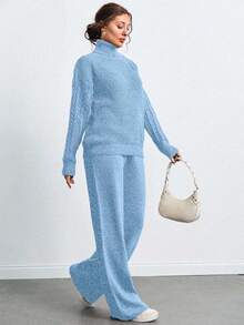SHEIN Tall 高領落肩袖毛衣與長褲套裝，女款套裝，小碼套裝，套裝，小碼，冬季衣物，高個子女性 - 淺藍色 - 查看 3