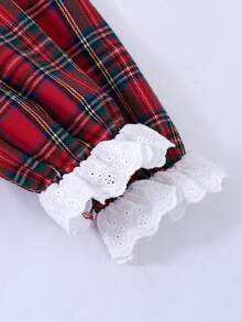 女童荷叶边蝴蝶结蕾丝领格子连衣裙，适合春秋季 - 紅色 - 查看 5