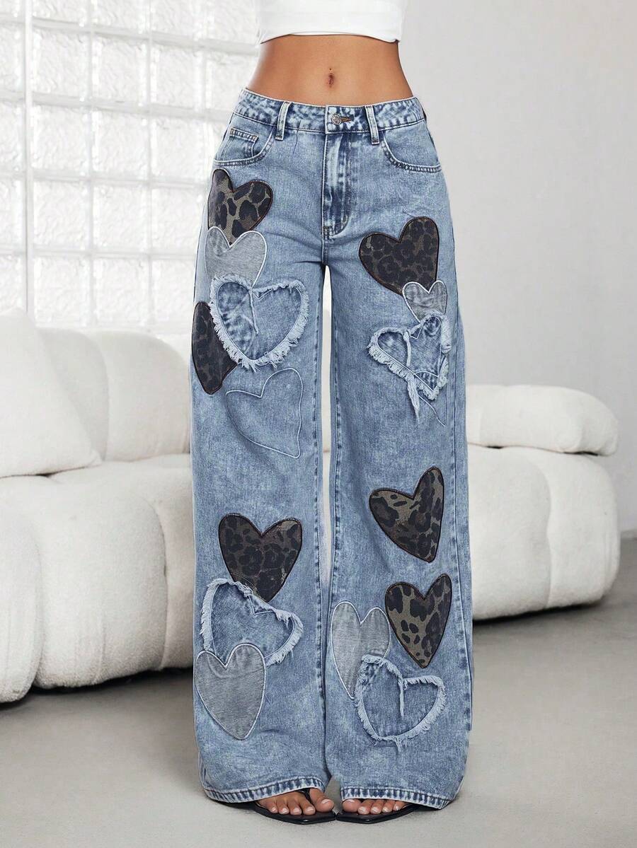 Jeanoix 女士低腰休闲牛仔裤，新款时尚小众心形刺绣印花直筒宽松裤，四季皆宜 - 中等水洗藍 - 查看 1