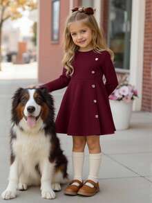 Emery Rose Kids Emery Rose Kids Young Girls' Elegant Casual Round Neck Pullover Split Design Mid-Length Dress, Suitable For School, Daily Casual Wear, Autumn/Winter Girls Dresses With Buttons Long Sleeve Girls Dress Burgundy Kids Dress Autumn Dress Kids Tween Fall Dress - Burgundy - View 8