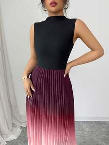 Elenzga Robe plissée noire élégante et décontractée avec patchwork et dégradé pour femmes - Rose pâle - Voir 4